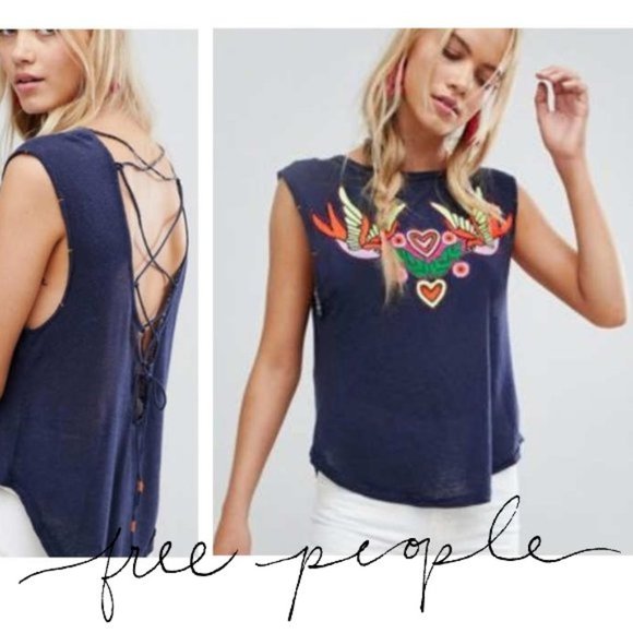 Free People Tops - Free People Love Birds Open Cross String Tassel Tank - Size L Navy, Orange, Pink